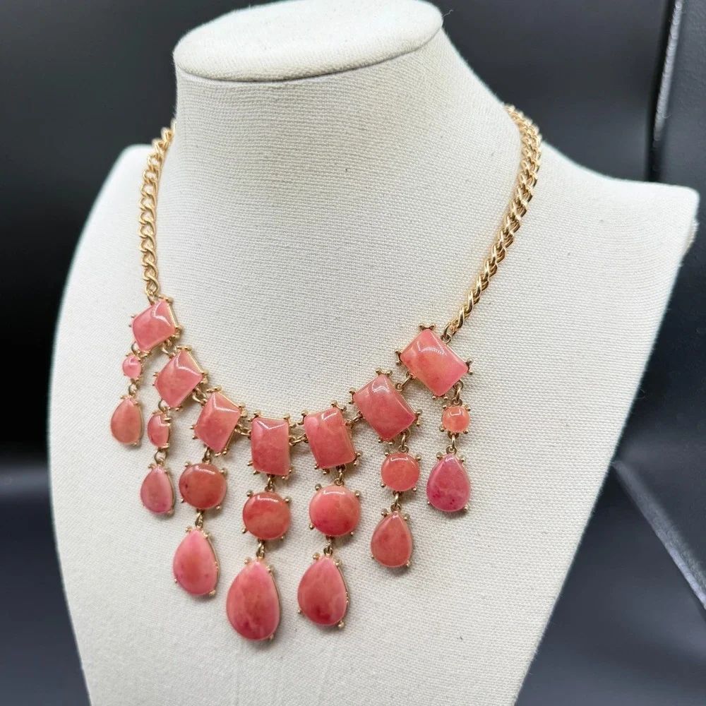 Pink Cabochon Statement Necklace Gold Tone Teardrop Fringe Bib Boho Romantic